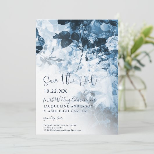 Chinoiserie Navy Blue White Floral Script Foto Save The Date (Stehend Vorderseite)