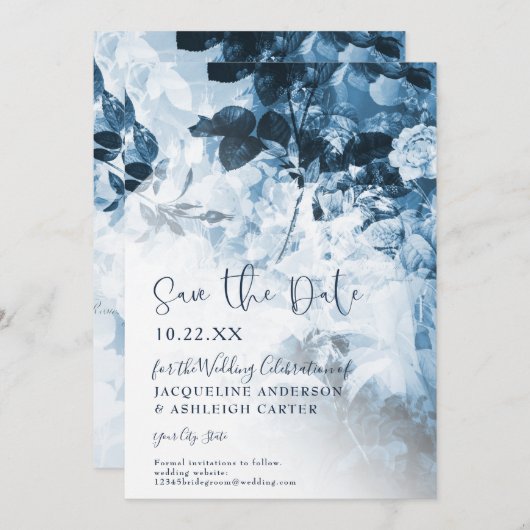 Chinoiserie Navy Blue White Floral Script Foto Save The Date (Vorne/Hinten)