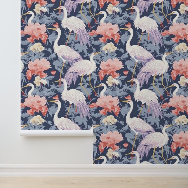 Chinoiserie Navy Blume & Egrets Muster Tapete (Anwendung)