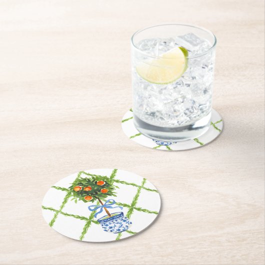 Chinoiserie Orange Citrus Topiary Runder Pappuntersetzer (Vor Ort)