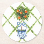 Chinoiserie Orange Citrus Topiary Runder Pappuntersetzer (Vorderseite)