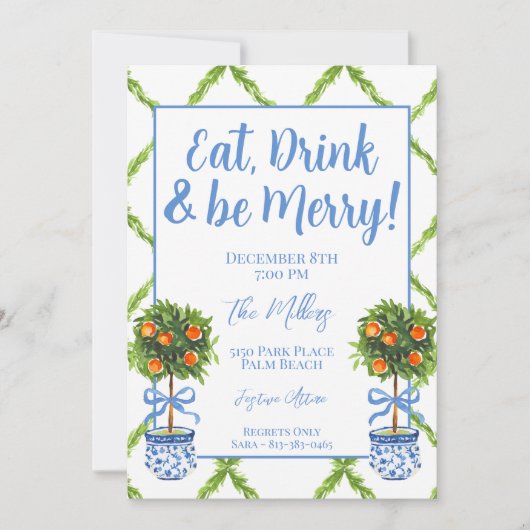 Chinoiserie Orange Citrus Topiary Weihnachts-Party Einladung (Vorderseite)