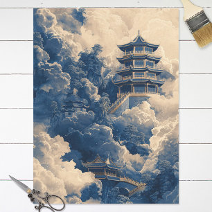Chinoiserie-Orientalischer Tempel Blau Dekoratives Seidenpapier