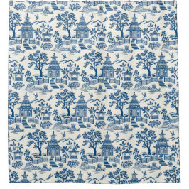 Chinoiserie Pagoda Blue auf Weiß Duschvorhang