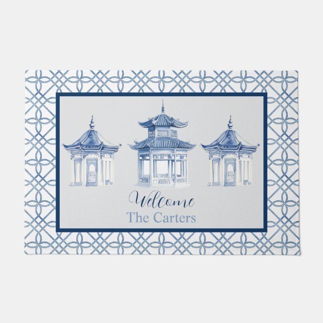 Chinoiserie Pagoda Individuelle Name Willkommen Fußmatte (Vorderseite)