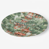 Chinoiserie-Pagode Sage Green Forest Pappteller (Schrägansicht)