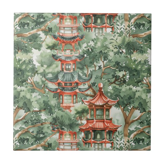 Chinoiserie-Pagode Sage Green Wald Fliese (Vorderseite)
