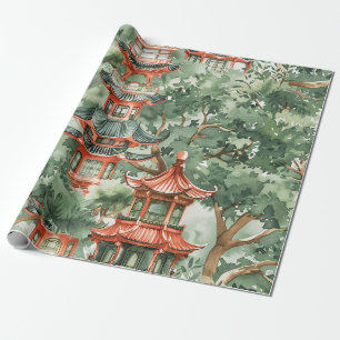 Chinoiserie-Pagode Sage Green Wald Geschenkpapier
