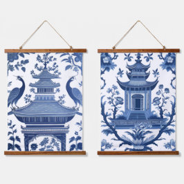CHINOISERIE-PAGODEN IN BLAU 1 & 2 WANDTEPPICH MIT HOLZRAHMEN