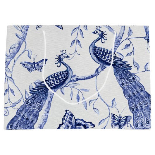 Chinoiserie Peacock Floral Navy Blauer Brautparty Große Geschenktüte (Vorderseite)