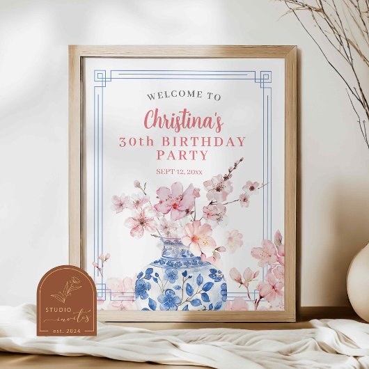 Chinoiserie Pink Cherry Blossom Begrüßungszeichen Poster