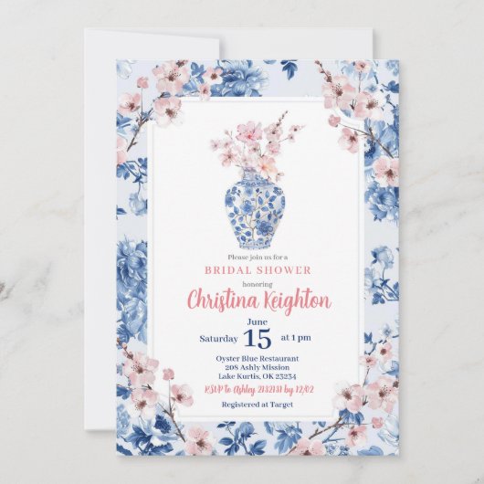 Chinoiserie Pink Cherry Blossom Brautparty Einladung (Vorderseite)