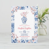 Chinoiserie Pink Cherry Blossom Brautparty Einladung (Stehend Vorderseite)