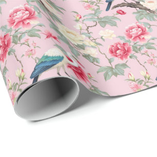 Chinoiserie Pink Floral Egret Geschenkpapier