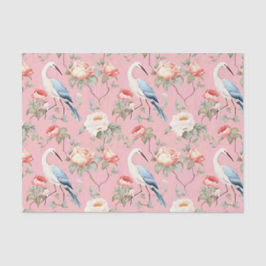Chinoiserie Pink Floral Egret Seidenpapier (Vorderseite)