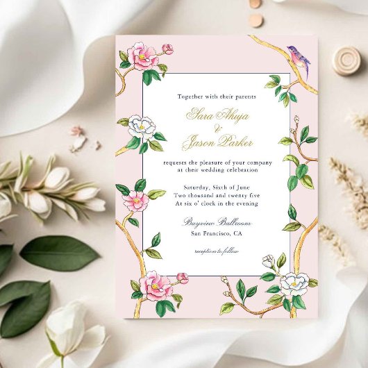 Chinoiserie Pink & White Wedding Einladung