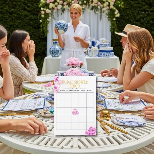 Chinoiserie Pink Willow Bridal Shower Bingo game Einladung