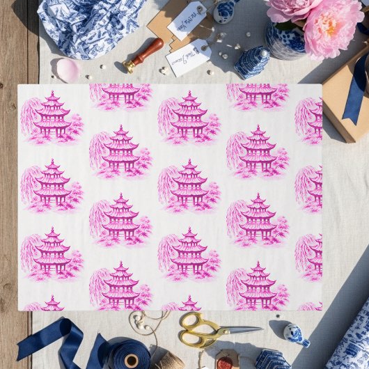 Chinoiserie Pink Willow Pagoda Seidenpapier
