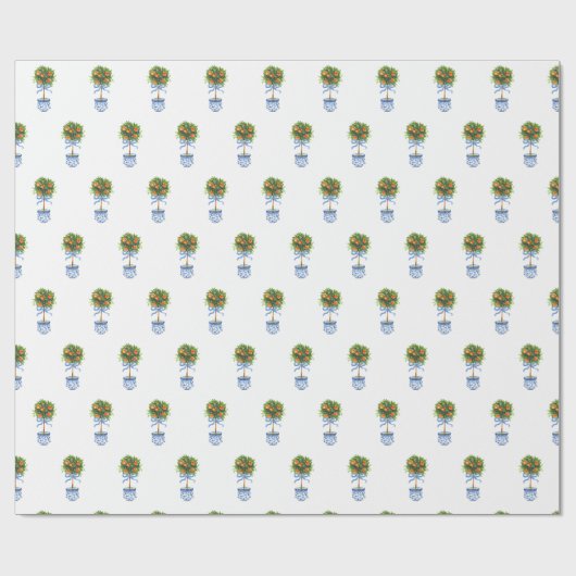 Chinoiserie Potterie Orange Topiary Tree Blaues Ge Geschenkpapier (Flach)