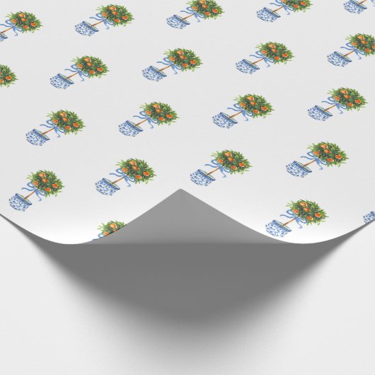 Chinoiserie Potterie Orange Topiary Tree Blaues Ge Geschenkpapier (Ecke)