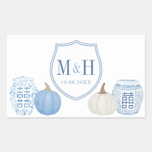 Chinoiserie Pumpkins Blue & White Wedding Logo Rechteckiger Aufkleber (Vorderseite)