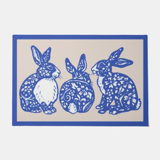 Chinoiserie Rabbit Blue White Bunny Dedham Delft Fußmatte (Vorderseite)