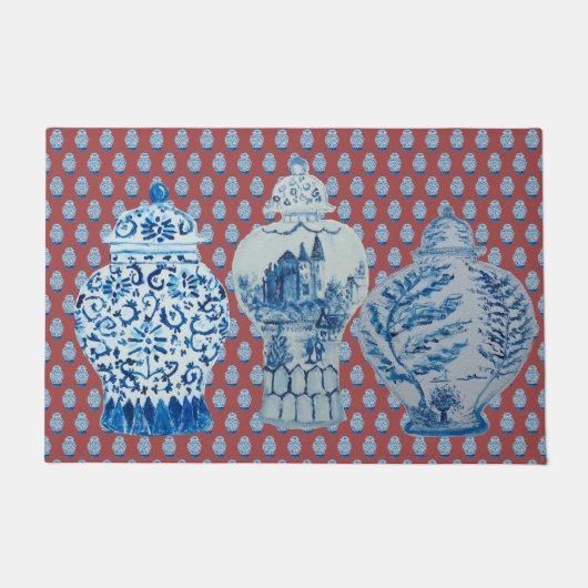 Chinoiserie Red Blue White Ginger Jars Fußmatte (Vorderseite)