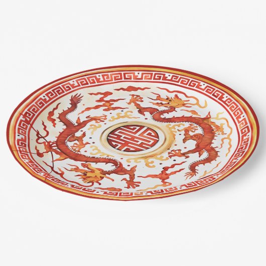 Chinoiserie Red Gold Imperial Dragon Imitats China Pappteller (Schrägansicht)