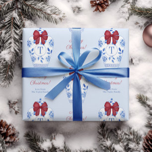 Chinoiserie Red White Blue Christmas Monogram Geschenkpapier