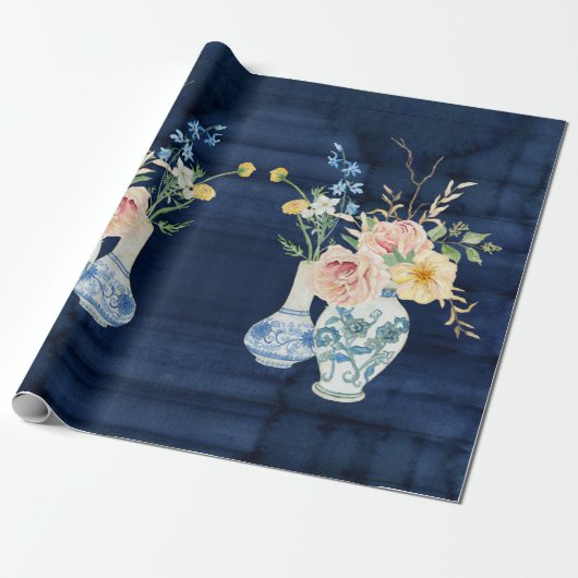 Chinoiserie Rose Peony Blume Navy Blue Wood Geschenkpapier (Ungerollt)