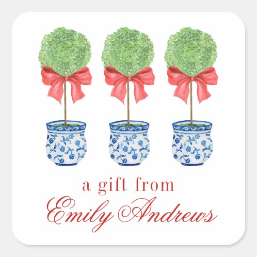 Chinoiserie Roter Bow Topiary Quadratischer Aufkleber (Vorderseite)