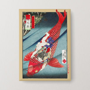 Chinoiserie Roter Koi-Karpfen & Held Jungen Druck Button