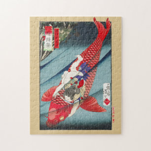 Chinoiserie Roter Koi-Karpfen & Held Jungen Druck Puzzle