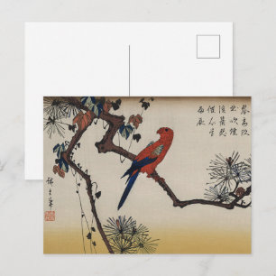 Chinoiserie Roter Papagei & Zen Kiefernholzblock Postkarte