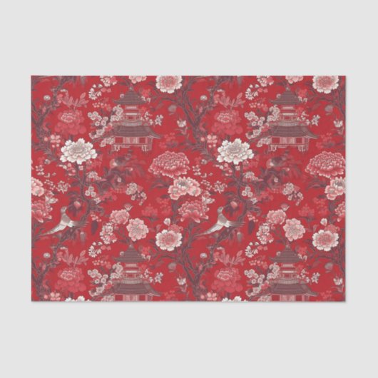 Chinoiserie Rotes Rosa Blumengemälde Dekoupage Seidenpapier (Vorderseite)