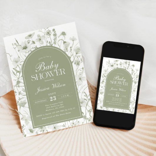 Chinoiserie Sage Green Floral Baby Dusche Einladung