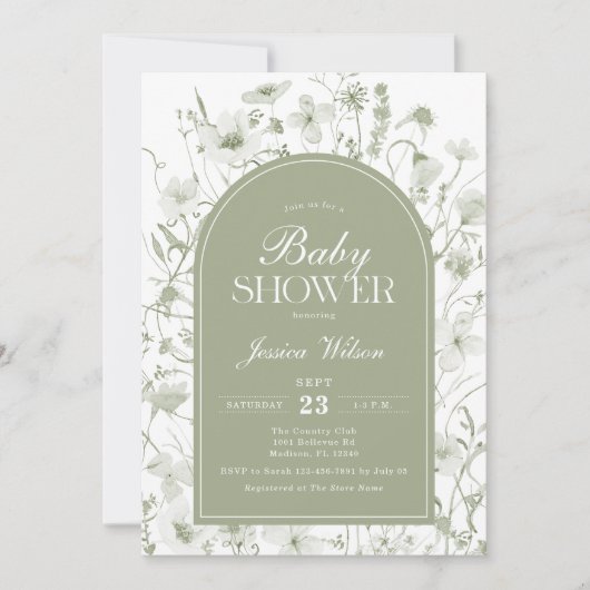 Chinoiserie Sage Green Floral Baby Dusche Einladung (Vorderseite)