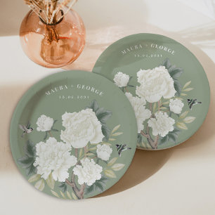 Chinoiserie Sage Green Floral Bird Hochzeit Pappteller