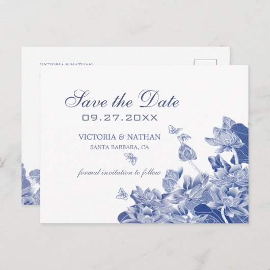 Chinoiserie Save the Date Blau und Weiß Postkarte (Vorne/Hinten)
