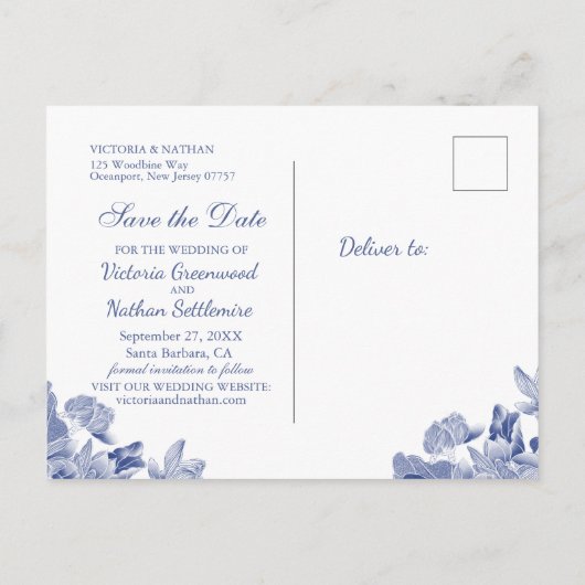 Chinoiserie Save the Date Blau und Weiß Postkarte (Rückseite)