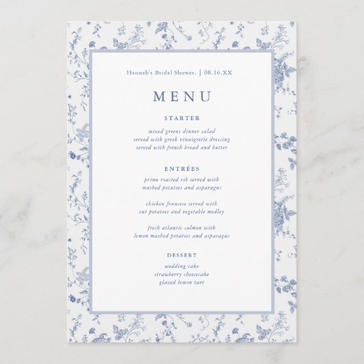 Chinoiserie Something Blue Brautparty Menükarte (Vorderseite)