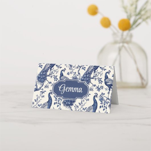 Chinoiserie Style Peacock Thema Klappte Platzkarte (Vorderseite)