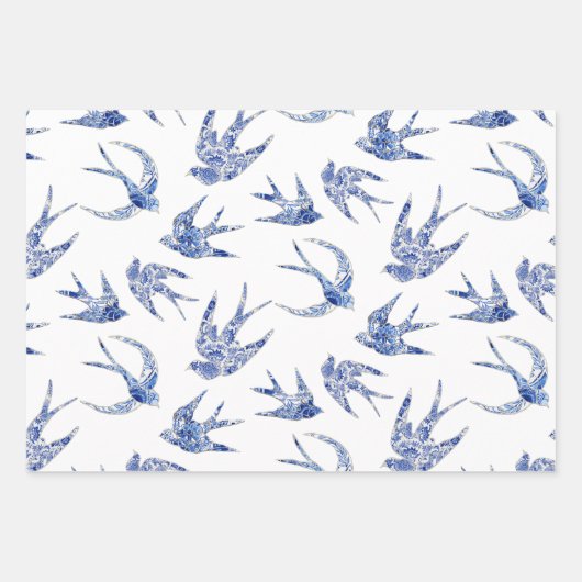 Chinoiserie Swallow Bird Blue und White Decoupage Geschenkpapier Set (Vorderseite)