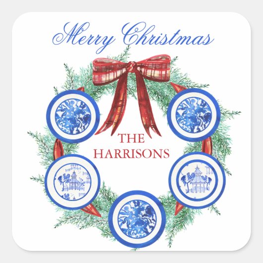 Chinoiserie Teller Watercolor Weihnachten Quadratischer Aufkleber (Vorderseite)