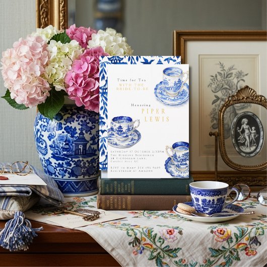 Chinoiserie Time for Tea Bridal Shower Blue  Einladung
