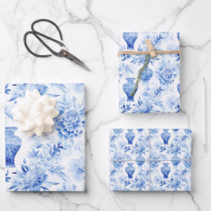 Chinoiserie Toile Blauen & Weiße Blumen Vasen Geschenkpapier Set