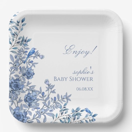 Chinoiserie Toile Blue Floral Baby Shower Pappteller (Vorderseite)