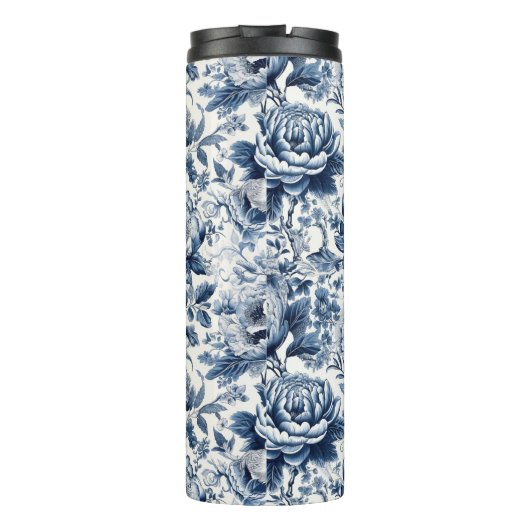 Chinoiserie Toile Blue White Peonus Blume Thermosbecher (Rückseite)