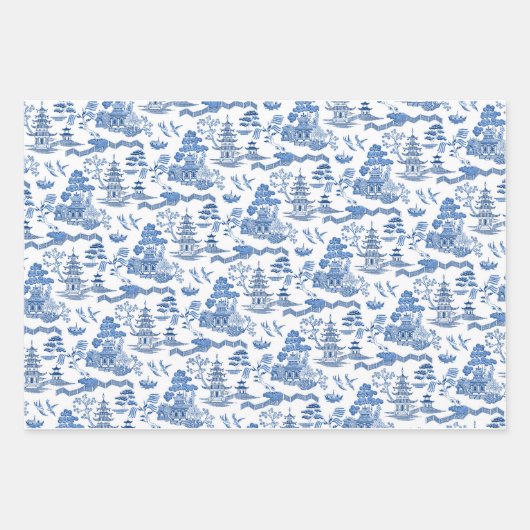 Chinoiserie Toile Blue Willow Geschenkpapier Set (Vorderseite)