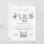 Chinoiserie Toile Clothesline Baby Shower Girl Einladung (Vorderseite)